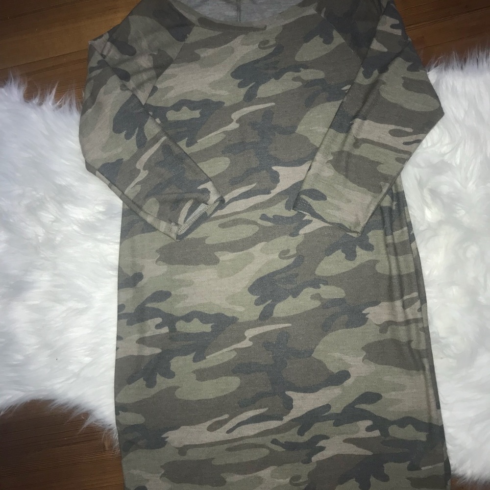 Camo dress looks cute with over knee boots